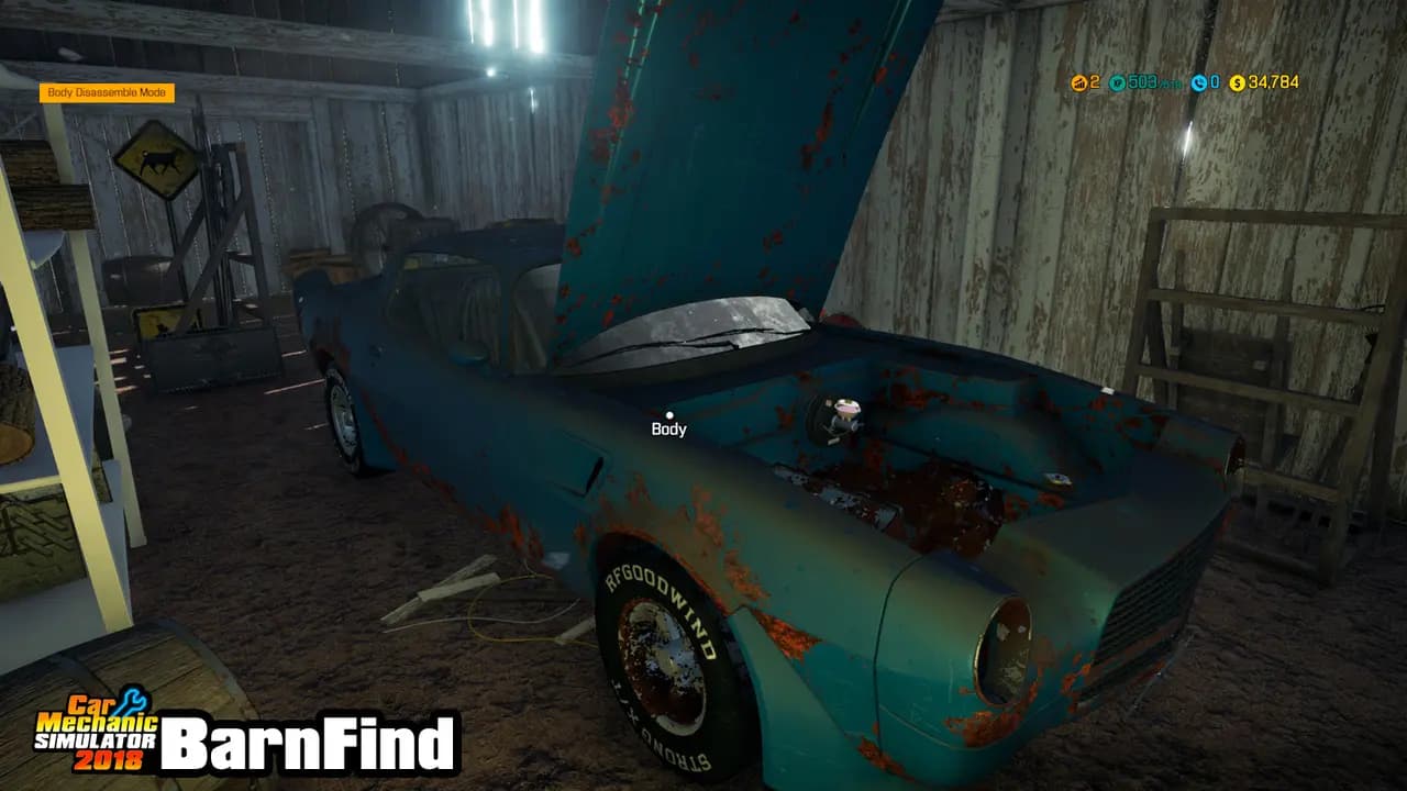 Car Mechanic Simulator 2018-ის სათამაშო კადრი თამაშის მიმდინარეობისას.