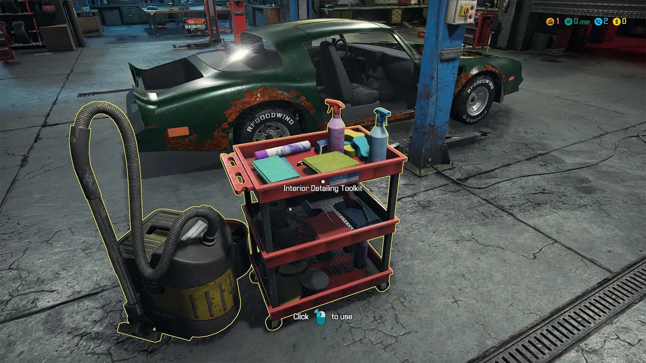 Car Mechanic Simulator 2018-ის სათამაშო კადრი თამაშის მიმდინარეობისას.