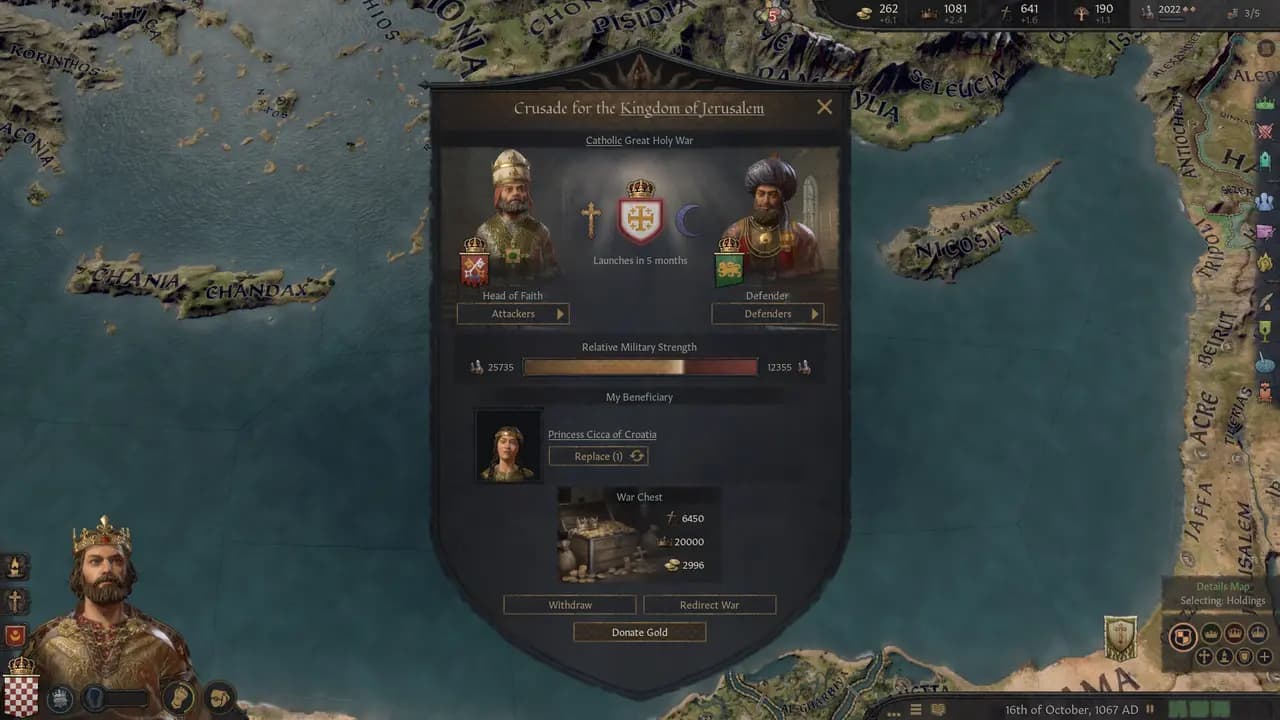 Crusader Kings III-ის სათამაშო კადრი თამაშის მიმდინარეობისას.