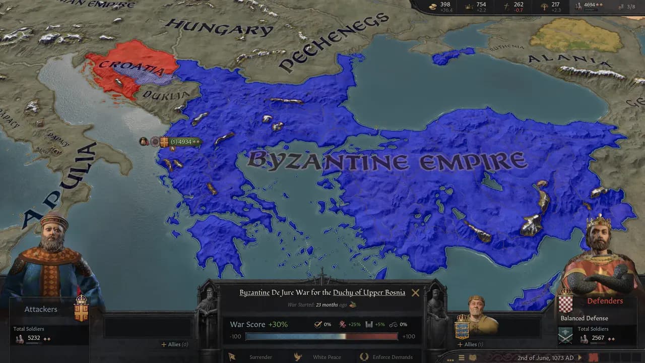 Crusader Kings III-ის სათამაშო კადრი თამაშის მიმდინარეობისას.