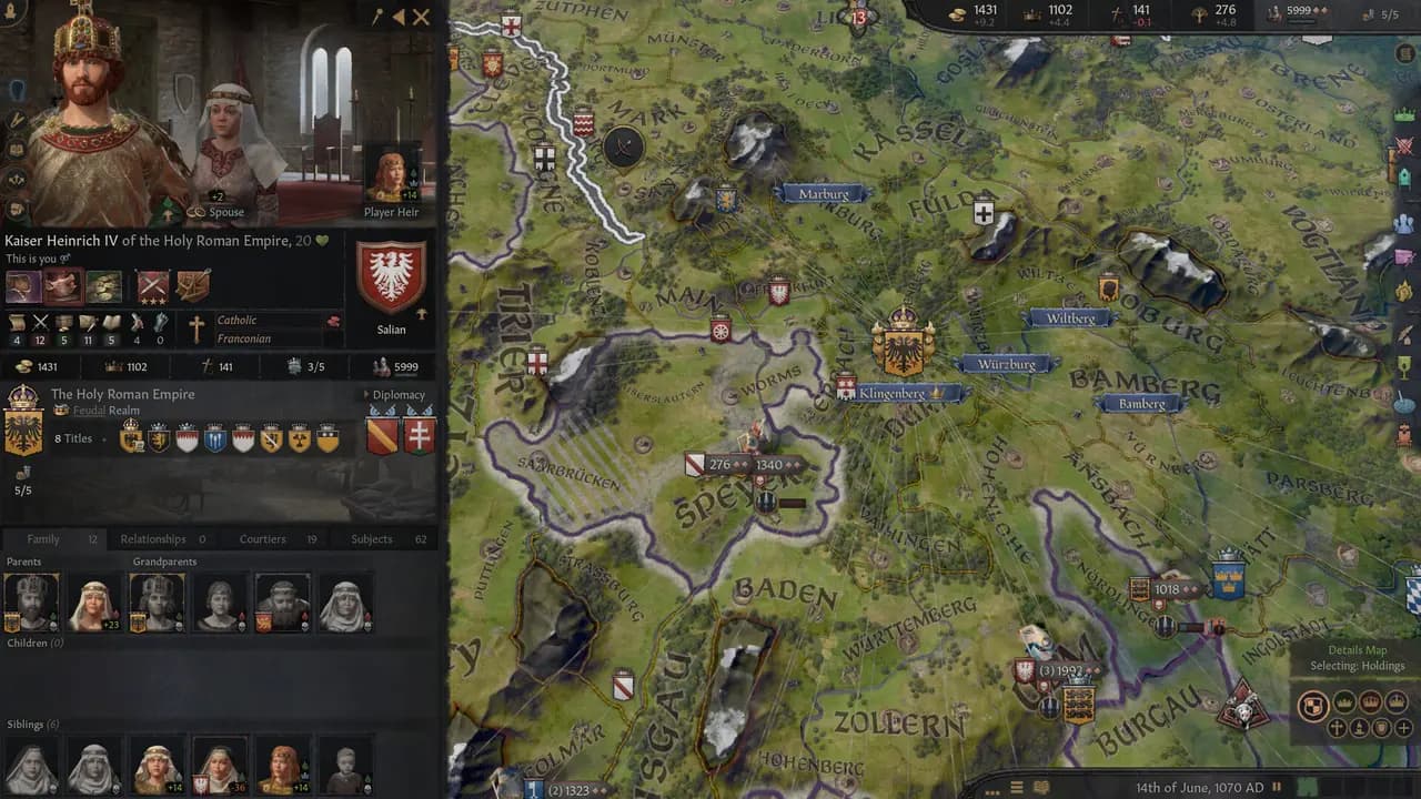 Crusader Kings III-ის სათამაშო კადრი თამაშის მიმდინარეობისას.