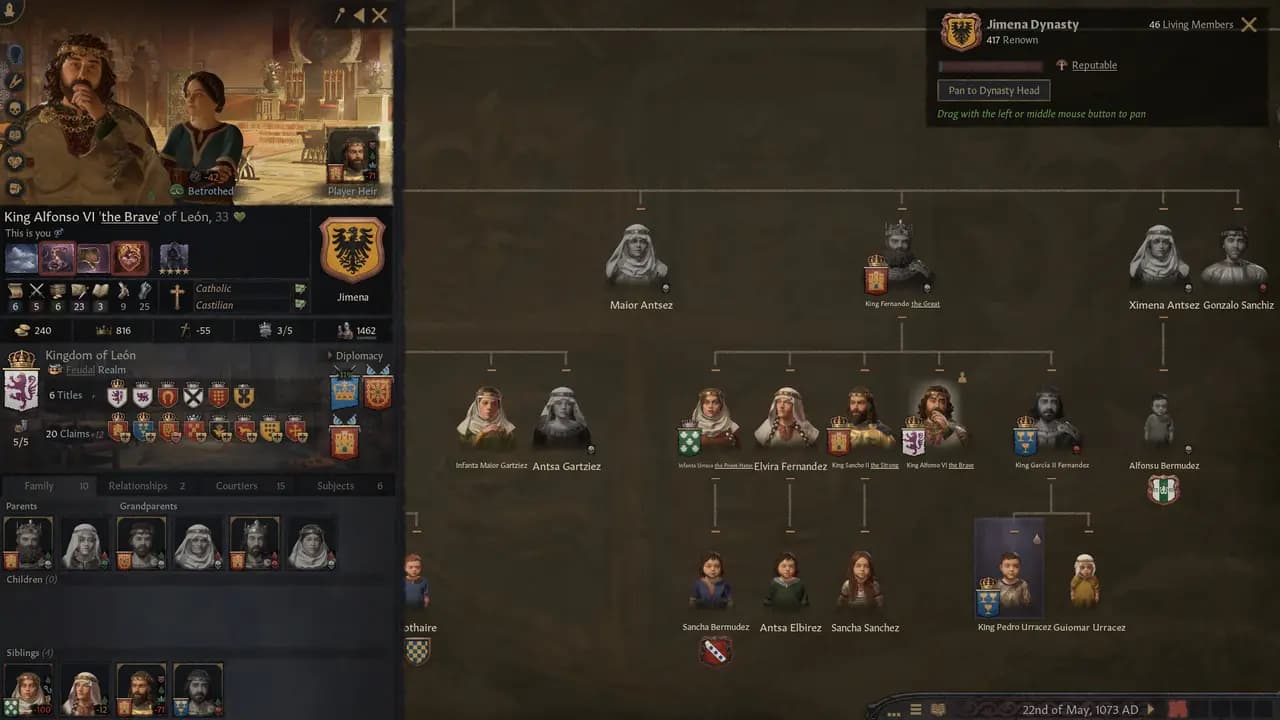 Crusader Kings III-ის სათამაშო კადრი თამაშის მიმდინარეობისას.