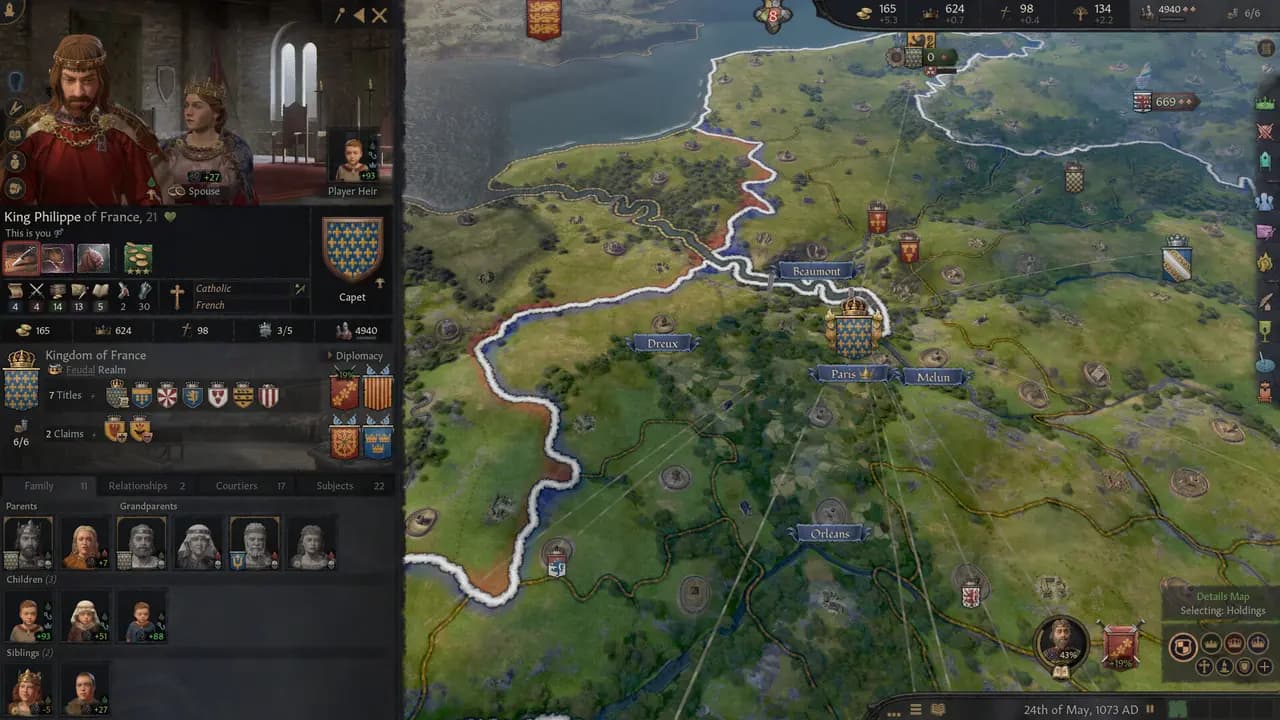 Crusader Kings III-ის სათამაშო კადრი თამაშის მიმდინარეობისას.