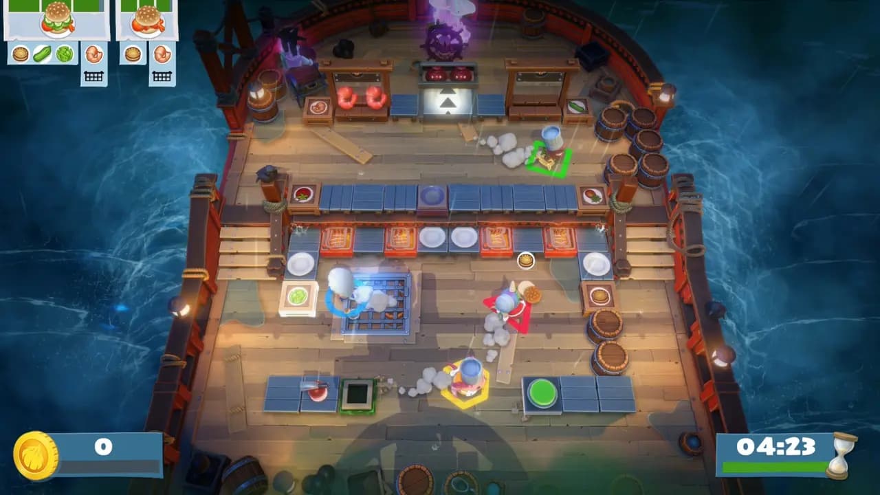 Overcooked! All You Can Eat-ის სათამაშო კადრი თამაშის მიმდინარეობისას.