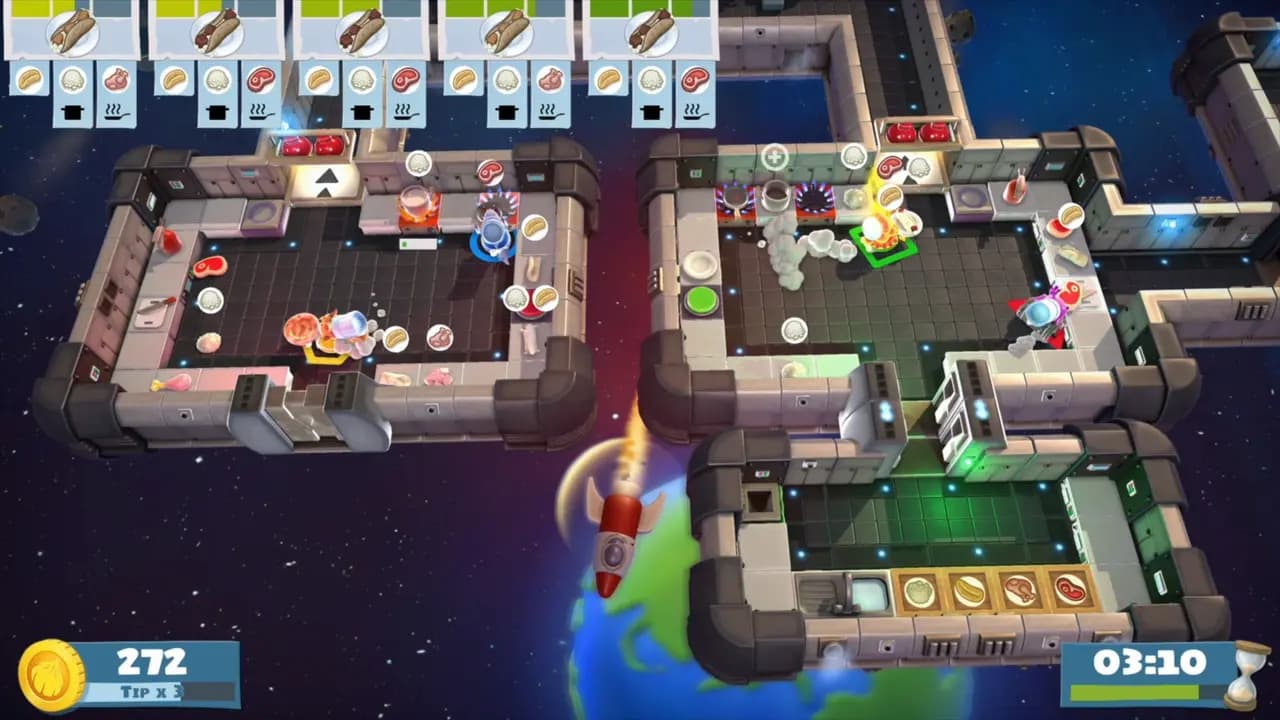 Overcooked! All You Can Eat-ის სათამაშო კადრი თამაშის მიმდინარეობისას.