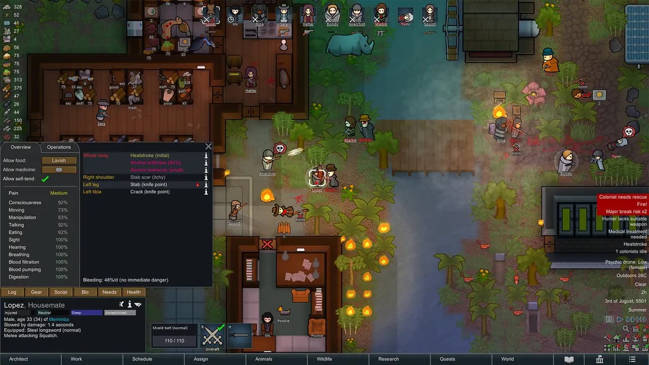 RimWorld-ის სათამაშო კადრი თამაშის მიმდინარეობისას.