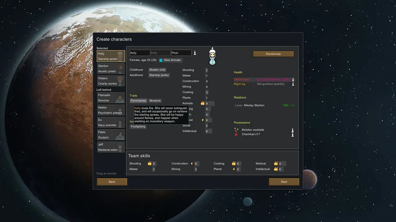 RimWorld-ის სათამაშო კადრი თამაშის მიმდინარეობისას.