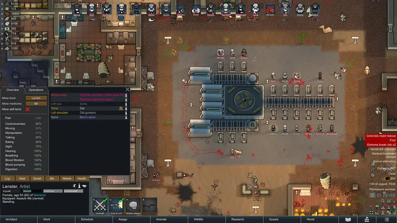 RimWorld-ის სათამაშო კადრი თამაშის მიმდინარეობისას.