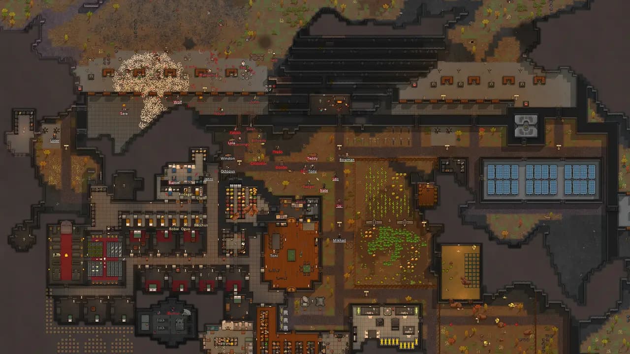 RimWorld-ის სათამაშო კადრი თამაშის მიმდინარეობისას.