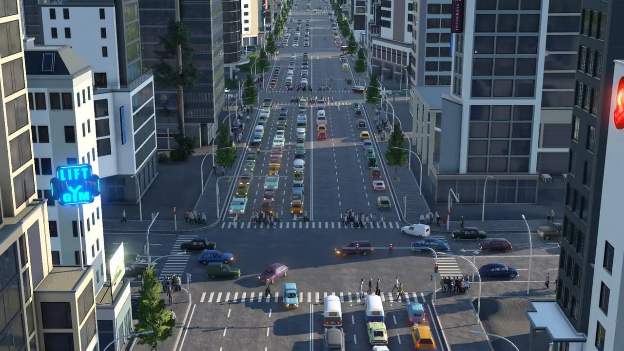 Transport Fever 2-ის სათამაშო კადრი თამაშის მიმდინარეობისას.