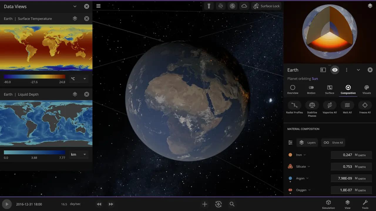 Universe Sandbox-ის სათამაშო კადრი თამაშის მიმდინარეობისას.