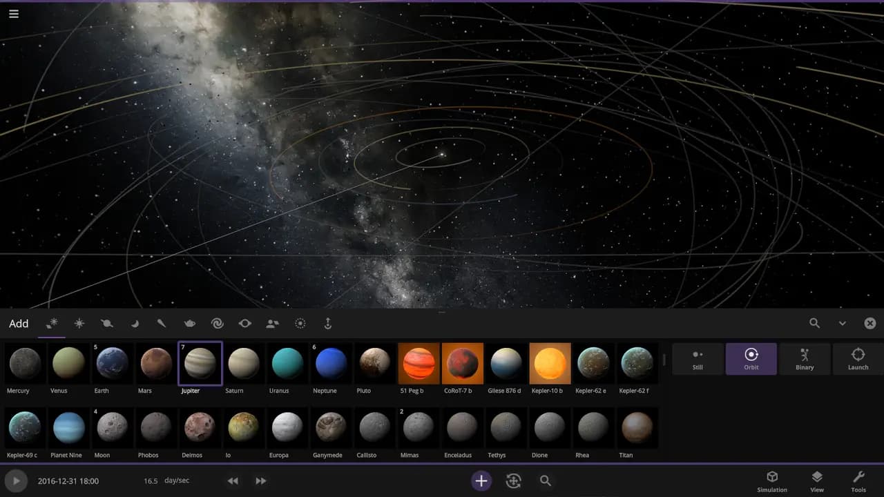 Universe Sandbox-ის სათამაშო კადრი თამაშის მიმდინარეობისას.