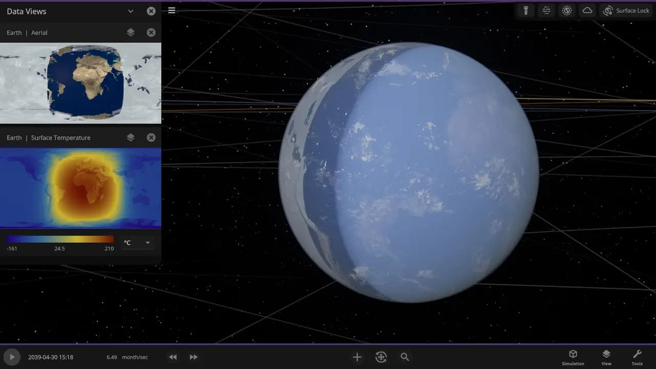 Universe Sandbox-ის სათამაშო კადრი თამაშის მიმდინარეობისას.