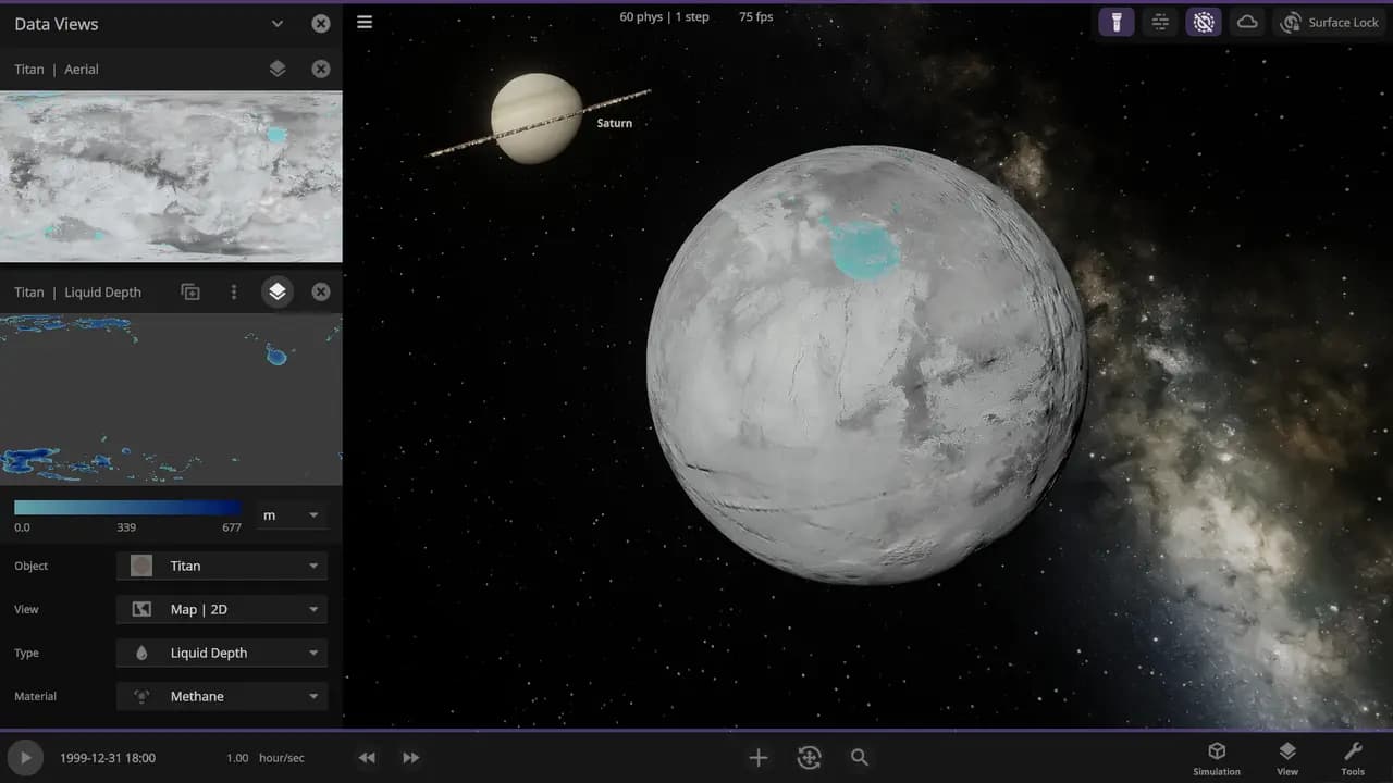 Universe Sandbox-ის სათამაშო კადრი თამაშის მიმდინარეობისას.