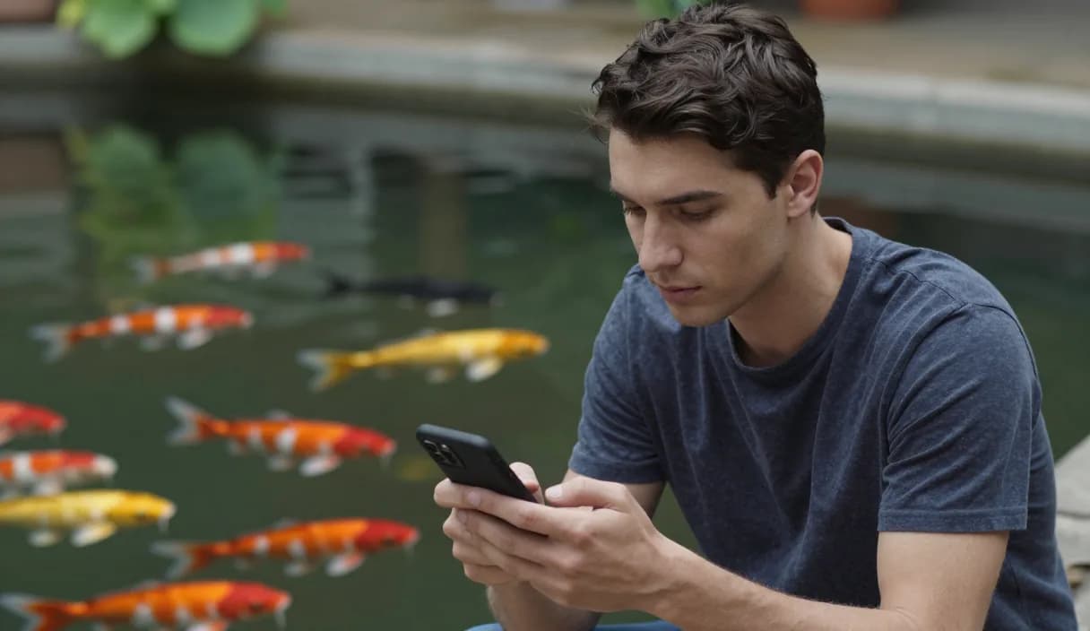 A money transfer for a koi farm owner on a phone