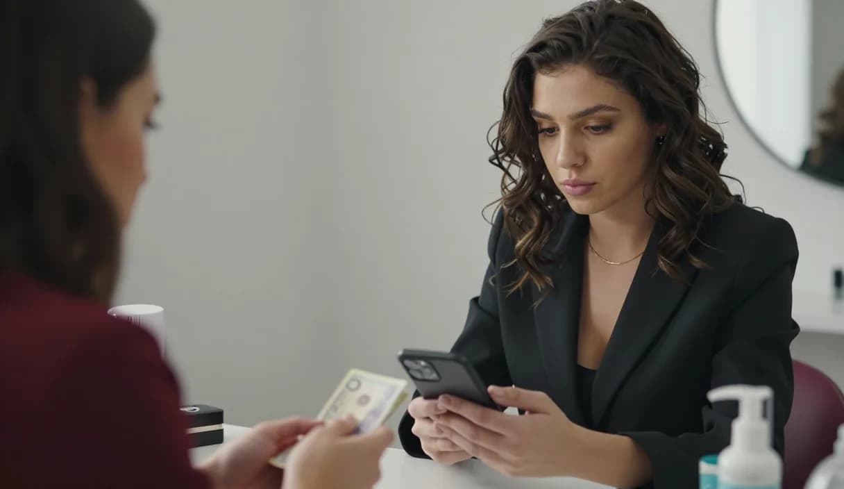 A money transfer for a nail salon owner on a phone