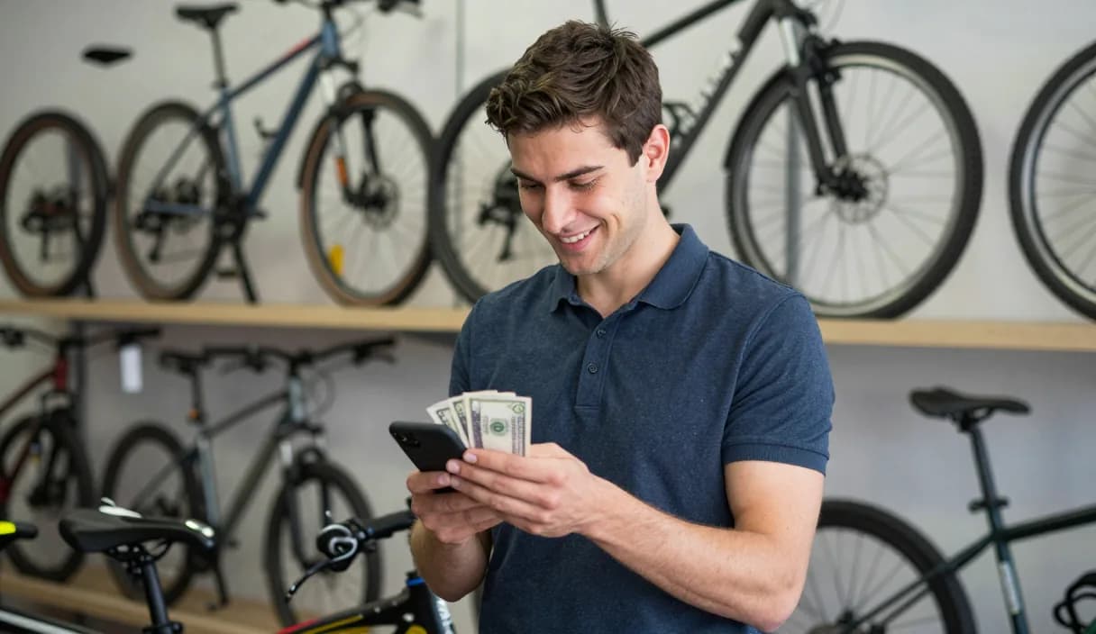 A money transfer for a bike shop owner on a phone