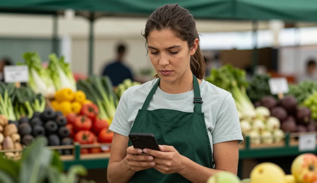 A money transfer for a farmers market seller on a phone