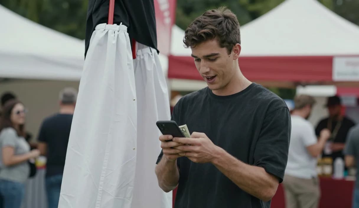 A money transfer for a stilt walker on a phone